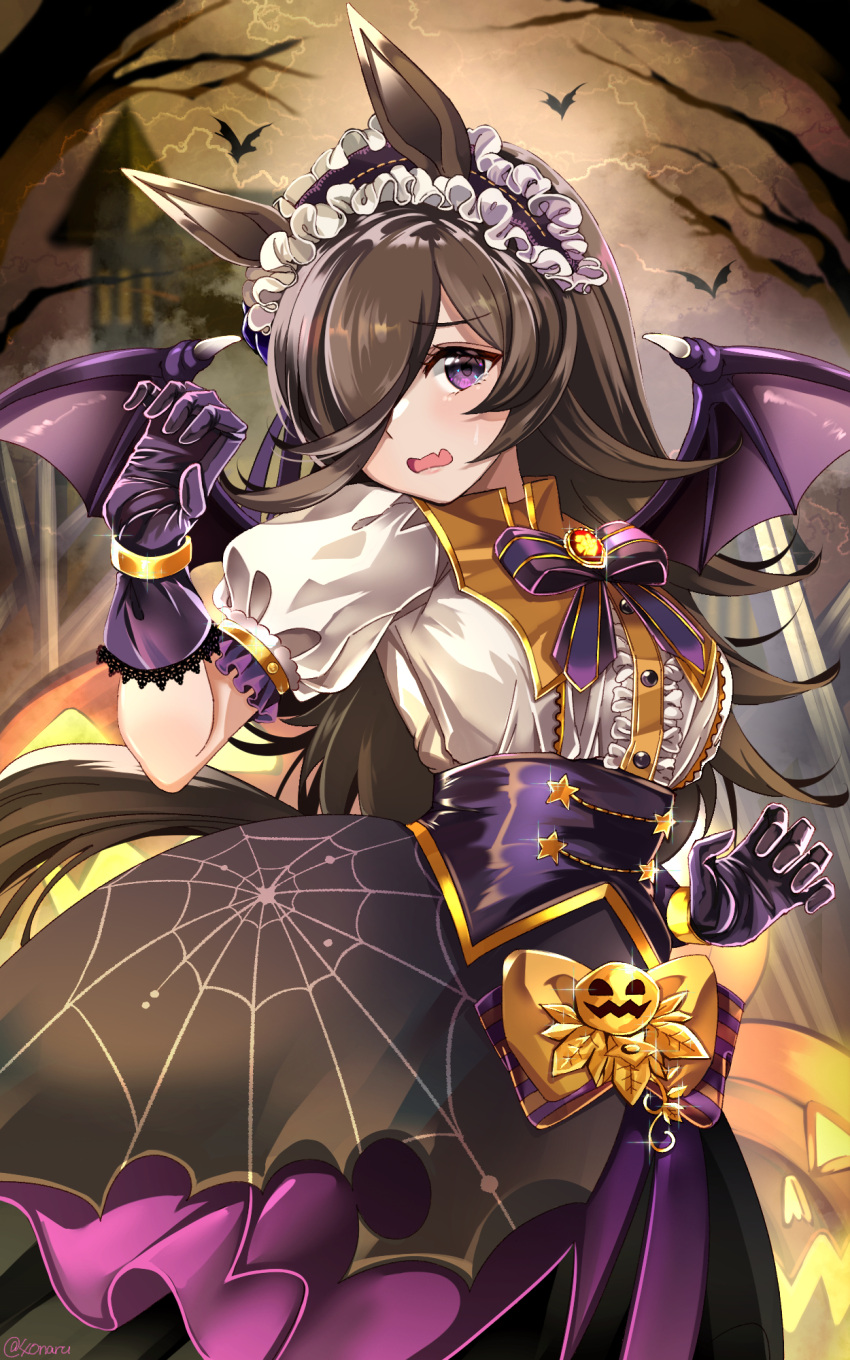 1girl 40naru animal_ears bare_tree bat_(animal) bat_wings black_skirt bow bowtie breasts brooch brown_hair center_frills fang frilled_hairband frills glint gloves hair_over_one_eye hairband high-waist_skirt highres horse_ears horse_girl horse_tail jack-o'-lantern jewelry long_hair looking_at_viewer open_mouth purple_eyes purple_gloves rice_shower_(make_up_vampire!)_(umamusume) rice_shower_(umamusume) shirt shirt_tucked_in skin_fang skirt small_breasts solo standing tail tearing_up tree twitter_username umamusume upper_body white_shirt wings