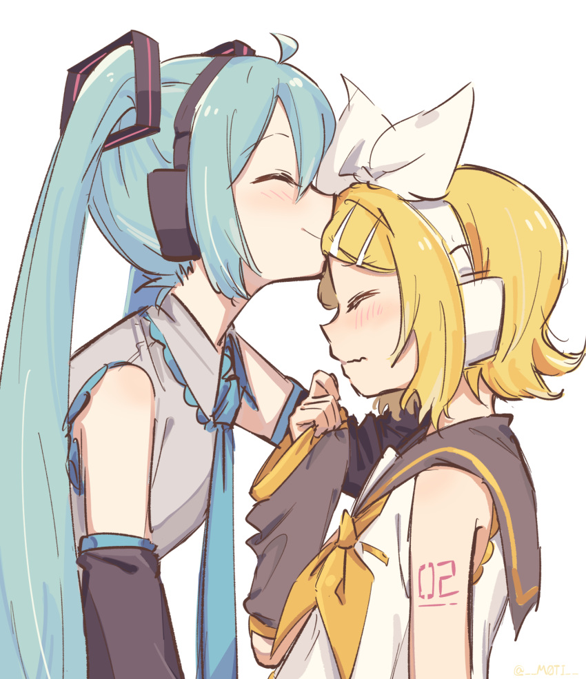2girls aqua_hair aqua_necktie arm_warmers bare_shoulders black_sleeves blonde_hair blush bow commentary detached_sleeves from_side grey_sailor_collar grey_shirt grey_sleeves hair_bow hair_ornament hairclip hand_on_another's_head hand_up hatsune_miku headphones highres kagamine_rin kiss kissing_forehead long_hair m0ti multiple_girls neckerchief necktie orange_neckerchief sailor_collar shirt short_hair shoulder_tattoo sleeveless sleeveless_shirt smile swept_bangs tattoo twintails upper_body very_long_hair vocaloid wavy_mouth white_background white_bow white_shirt yuri