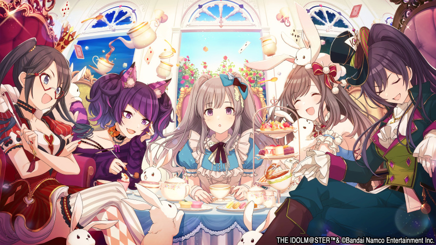 absurdres animal_ears black_hair blue_eyes boots bow brown_hair cake cat_ears closed_eyes commentary_request crossed_legs cup diagonal_bangs food grey_hair hair_bow hat highres idolmaster idolmaster_shiny_colors knee_boots l'antica_(idolmaster) long_hair long_sleeves mini_hat mini_top_hat mitsumine_yuika official_art open_mouth purple_eyes purple_hair rabbit rabbit_ears shirase_sakuya tanaka_mamimi teacup teapot thighhighs top_hat tsukioka_kogane twintails yukoku_kiriko