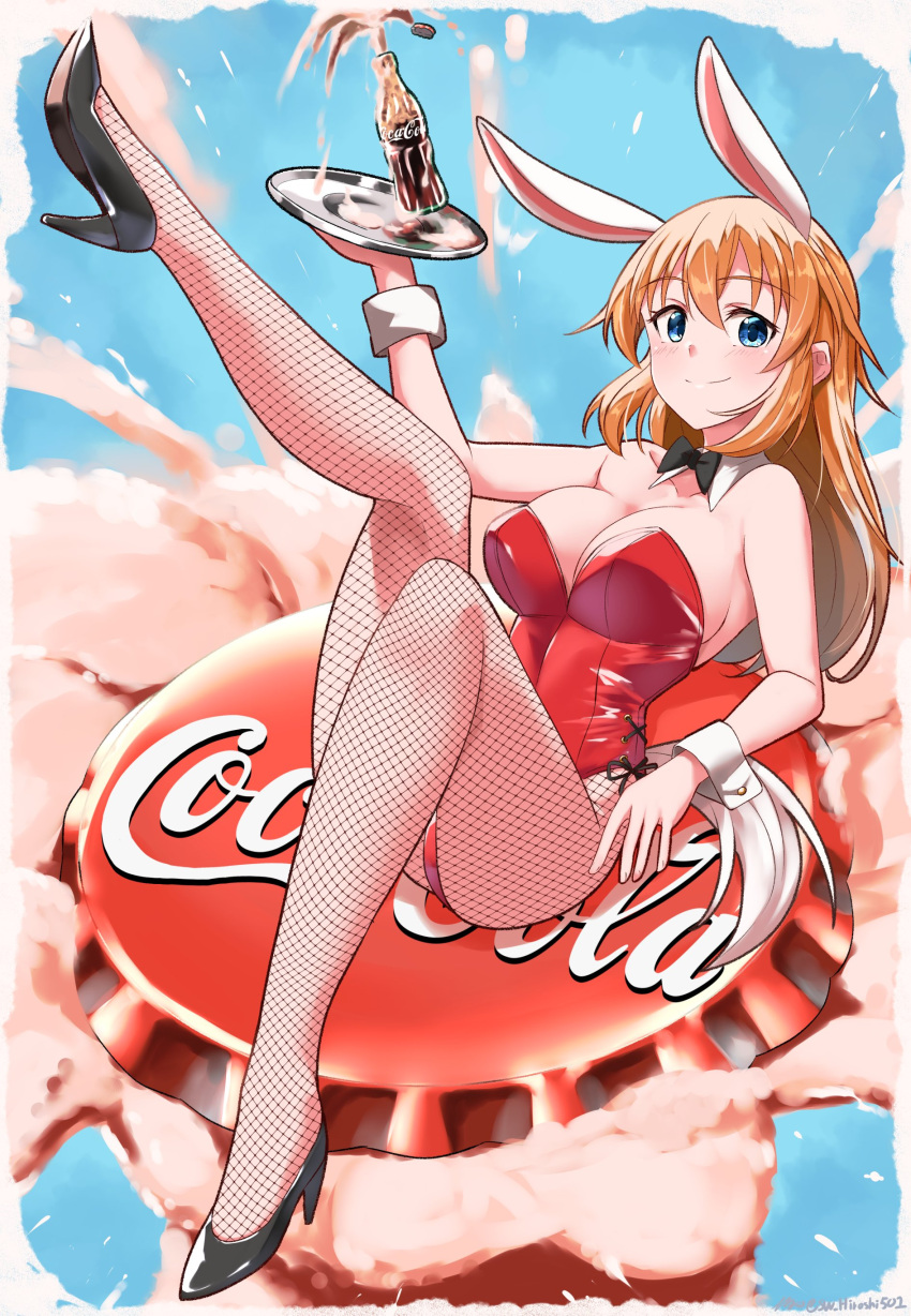 1girl absurdres animal_ears ass black_bow black_bowtie blush bow bowtie breasts charlotte_e._yeager cleavage closed_mouth fishnet_pantyhose fishnets high_heels highres hiroshi_(hunter-of-kct) large_breasts leg_up leotard long_hair looking_at_viewer orange_hair pantyhose playboy_bunny rabbit_ears rabbit_tail red_leotard smile solo strike_witches tail world_witches_series