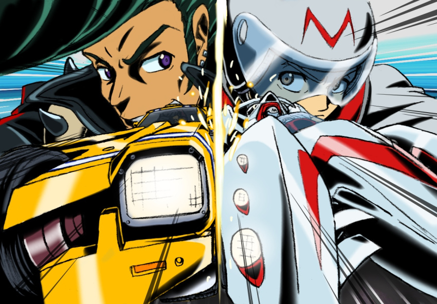 2boys 7736 black_jacket car crossover frown glowing hair_behind_ear headlight helmet jacket jp_(redline) leather leather_jacket looking_to_the_side mach_go_go_go male_focus mifune_gou motion_lines motor_vehicle multiple_boys muscle_car parted_lips pompadour race_vehicle racecar redline smile trans_am_2000_wr v-shaped_eyebrows vehicle_focus white_headwear white_jacket