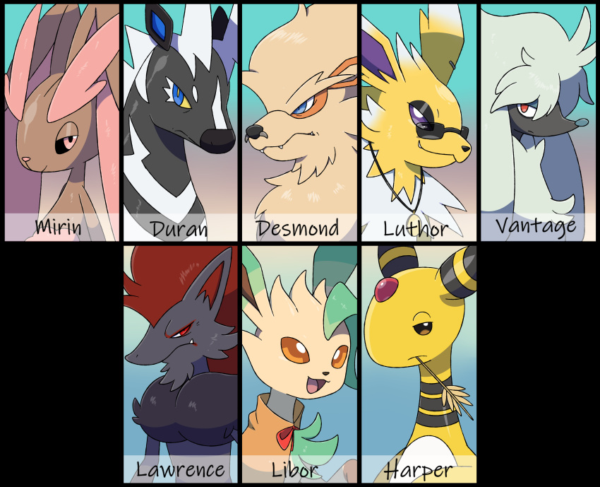 2023 absurd_res ampharos arcanine black_body black_fur blue_eyes brown_body brown_fur darknsfwindie duran_delatante eeveelution facial_piercing feral fluffy fluffy_hair forehead_gem fur furfrou generation_1_pokemon generation_2_pokemon generation_4_pokemon generation_5_pokemon generation_6_pokemon group grumpy hair happy hi_res jewelry jolteon leafeon lopunny male markings mirin_nox necklace nintendo nose_piercing orange_body orange_eyes orange_fur piercing pink_body pink_eyes pink_fur pokemon pokemon_(species) purple_eyes red_body red_eyes red_fur ring_(marking) shiny_pokemon simple_background smug tan_body tan_fur wanderlust white_body white_fur yellow_body yellow_fur zebstrika zoroark