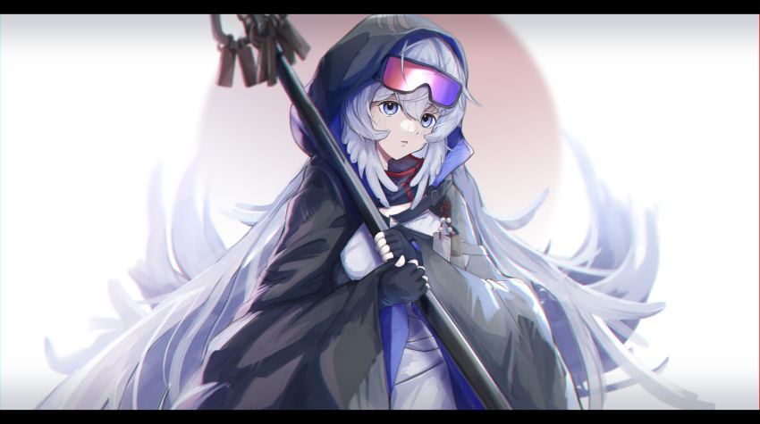 1girl arknights black_cape black_gloves blue_eyes cape chinese_knot chromatic_aberration feather_hair fingerless_gloves flower_knot gloves goggles goggles_on_head grey_hair highres holding holding_staff hood hood_up hooded_cape letterboxed light_blush long_hair looking_at_viewer mulberry_(arknights) parted_lips shirt soho_ko solo staff triangle_mouth very_long_hair white_shirt