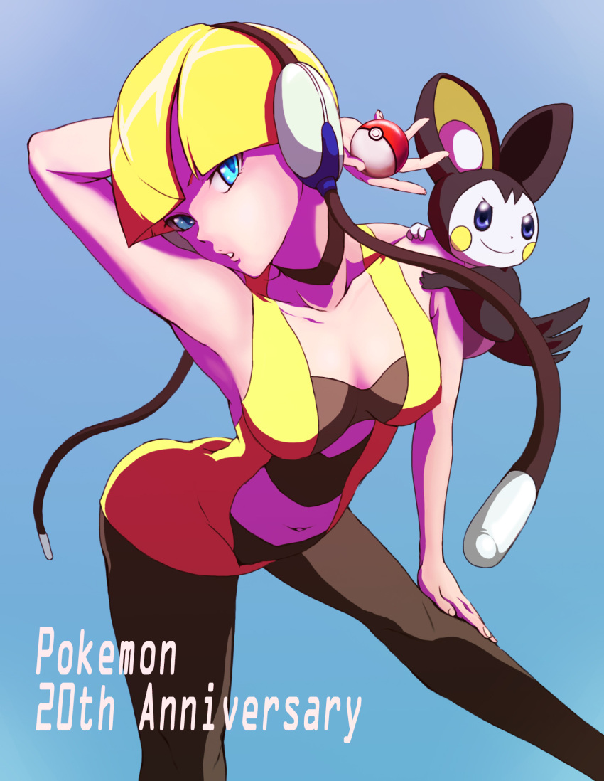 1girl 2016 arm_behind_head ass bare_arms bare_shoulders black_choker black_pantyhose blonde_hair blue_background blue_eyes blunt_bangs breasts choker cleavage collarbone dress elesa_(pokemon) emolga flying_squirrel hand_on_own_leg headphones highres holding holding_poke_ball large_breasts navel pantyhose poke_ball poke_ball_(basic) pokemon pokemon_(creature) pokemon_(game) pokemon_bw shiguma_(signalmass) short_dress short_hair squirrel very_short_hair yellow_dress