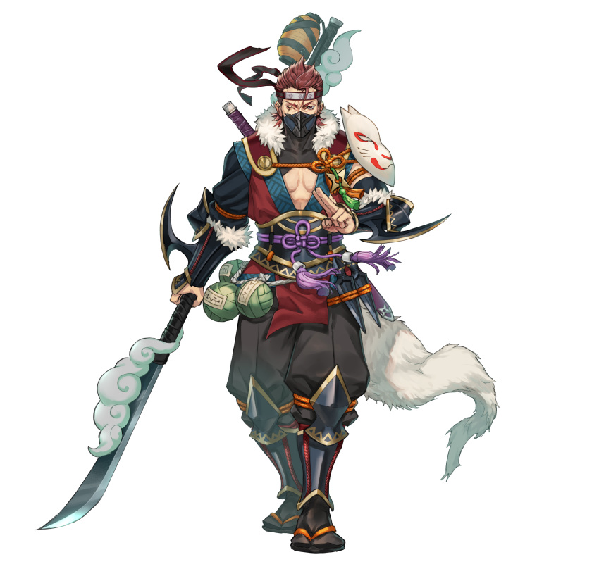 1boy absurdres clover_k fire_emblem fire_emblem_fates fire_emblem_heroes fox_mask headband highres holding holding_polearm holding_weapon japanese_clothes kunai male_focus mask mask_on_shoulder mouth_mask ninja official_alternate_costume official_art one_eye_closed pectoral_cleavage pectorals polearm rope saizo_(fire_emblem) saizo_(ninja)_(fire_emblem) salute scar scar_across_eye shimenawa solo straight-on tabi transparent_background two-finger_salute v-shaped_eyebrows weapon