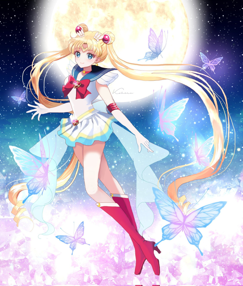 1girl back_bow bishoujo_senshi_sailor_moon blonde_hair blue_eyes blue_sailor_collar blue_skirt boots bow bowtie brooch choker circlet crescent crescent_earrings double_bun earrings elbow_gloves full_body gloves gold_earrings hair_bun heart heart_brooch heart_choker high_heel_boots high_heels highres jewelry koharumichi long_hair magical_girl miniskirt multicolored_clothes multicolored_skirt parted_bangs pleated_skirt red_bow red_bowtie red_choker red_footwear sailor_collar sailor_moon shirt short_sleeves skirt solo super_sailor_moon tsukino_usagi twintails very_long_hair white_background white_gloves white_shirt