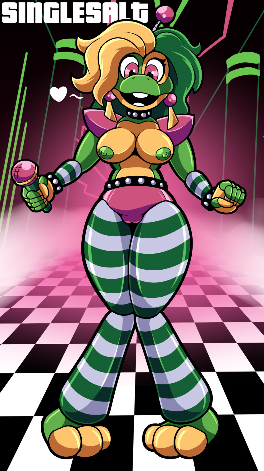 absurd_res amphibian animatronic anthro big_breasts breasts camel_toe clothed clothing female five_nights_at_freddy's freddy_fazbear's_pizzeria_simulator frog happy_frog_(fnaf) hi_res legwear looking_at_viewer machine microphone open_mouth open_smile panties pattern_clothing pattern_legwear robot scottgames singlesalt smile solo striped_clothing striped_legwear stripes topless underwear