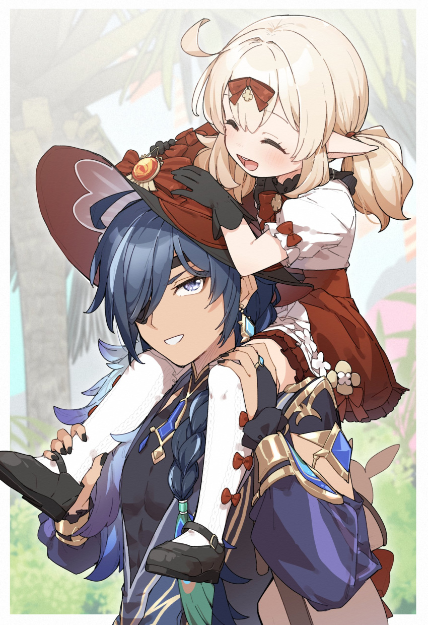 1boy 1girl :d ^_^ absurdres ankle_grab black_footwear black_gloves black_nails blonde_hair blue_eyes blue_hair blue_jacket blush bow bridal_gauntlets carrying closed_eyes commentary_request eyepatch genshin_impact gloves hair_between_eyes hair_bow hair_over_one_eye hat hat_bow highres jacket kaeya_(genshin_impact) kaeya_(sailwind_shadow)_(genshin_impact) klee_(blossoming_starlight)_(genshin_impact) klee_(genshin_impact) long_hair long_sleeves low_twintails nail_polish official_alternate_costume piggyback pointy_ears puffy_long_sleeves puffy_short_sleeves puffy_sleeves red_bow red_headwear red_skirt shirt shoes short_sleeves skirt smile thighhighs tree twintails white_shirt white_thighhighs witch_hat yukie_(kusaka_shi)