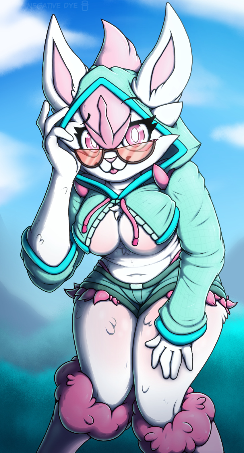 2023 absurd_res anthro biped bottomwear breasts cinderace cleavage clothed clothing cloud cloudscape curvy_figure eyebrows eyelashes eyewear female fingers fluffy fur generation_8_pokemon glasses green_clothing hand_on_leg hand_on_thigh hi_res hoodie lagomorph leaning leaning_forward leporid looking_at_viewer mammal minta_(negativedye) navel negativedye nintendo pink_body pink_eyes pink_fur pokemon pokemon_(species) shorts sky smile solo thick_thighs tongue tongue_out topwear white_body white_fur wide_hips