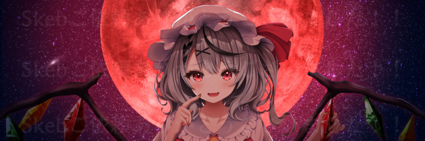 1girl black_hair blush braid braided_bangs cosplay crystal fangs flandre_scarlet flandre_scarlet_(cosplay) frilled_shirt_collar frills full_moon grey_hair hair_ornament hand_on_own_cheek hand_on_own_face hat hat_ribbon hololive index_finger_raised kankake_kann_kake long_hair looking_at_viewer mob_cap moon multicolored_hair nail_polish night night_sky one_side_up open_mouth red_eyes red_moon ribbon sakamata_chloe sky smile solo star_(sky) starry_sky straight-on streaked_hair touhou upper_body virtual_youtuber watermark wings x_hair_ornament