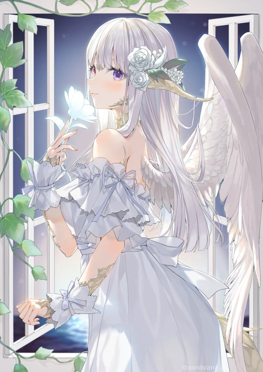 1girl absurdres angel_wings blush breasts character_request dress feathered_wings final_fantasy final_fantasy_xiv flower hair_flower hair_ornament heterochromia highres holding holding_flower horns long_hair looking_at_viewer looking_to_the_side medium_breasts off-shoulder_dress off_shoulder purple_eyes red_eyes see-through smile solo white_dress white_hair window wings yana_mori