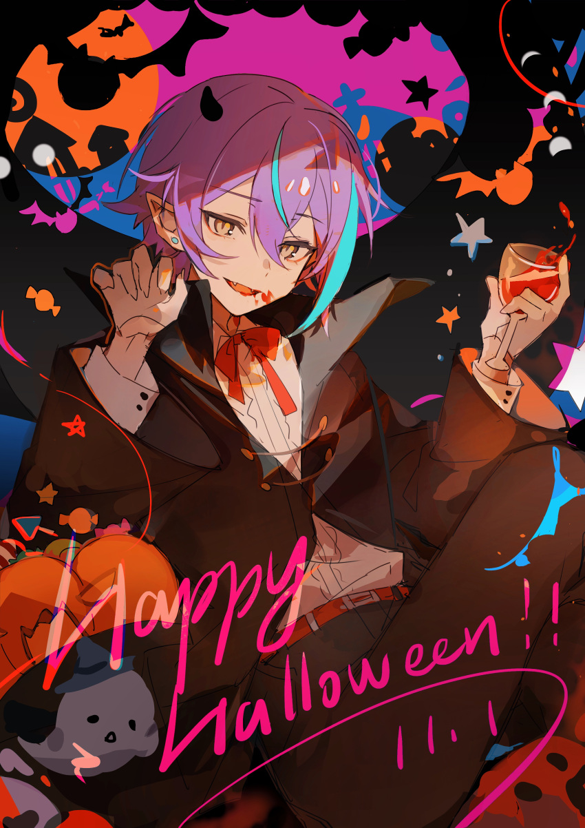 1boy absurdres belt black_cape black_pants blood_on_glass blue_hair bow bowtie cape claw_pose cup drinking_glass ghost gloves hand_up highres hisakawa_sora horns jack-o'-lantern kamishiro_rui looking_at_viewer multicolored_hair open_mouth pants pointy_ears project_sekai purple_hair red_belt red_bow red_bowtie shirt sidelocks smile solo star_(symbol) streaked_hair white_gloves white_shirt wine_glass yellow_eyes
