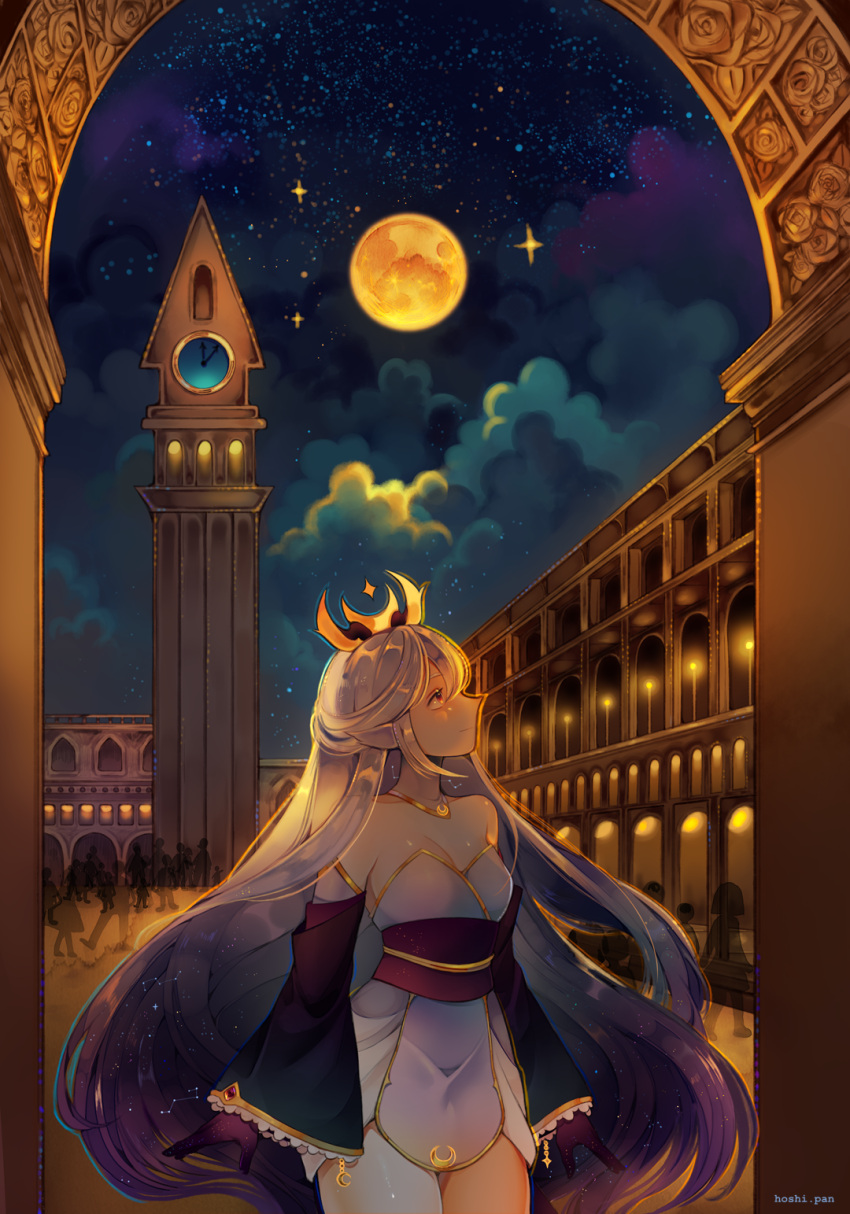 1girl arch bare_shoulders candle clock clock_tower closed_mouth cloud commentary commission cowboy_shot crescent_print crown detached_sleeves dress english_commentary eyelashes frilled_sleeves frills full_moon gold_necklace gold_trim gradient_hair highres hoshi-pan jewelry layered_sleeves long_hair looking_to_the_side looking_up moon multicolored_hair necklace night night_sky orange_eyes original outdoors people pointy_ears purple_hair purple_sleeves short_dress sky sleeveless sleeveless_dress sleeves_past_wrists smile solo sparkle star_(sky) tower town very_long_hair white_dress white_hair white_sleeves yellow_headwear
