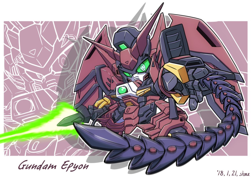 artist_name beam_saber character_name dated green_eyes gundam gundam_epyon gundam_wing holding holding_sword holding_weapon mecha mechanical_wings no_humans robot science_fiction shokkaa_(shmz61312) solo sword v-fin weapon wings zoom_layer