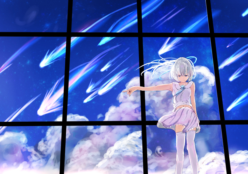 1girl blue_necktie blue_sky closed_mouth cloud comet dot_nose fingernails fujiiropen highres light_smile midriff navel necktie original pointing pointing_to_the_side scenery shirt short_hair sky sleeveless sleeveless_shirt solo star_(sky) starry_sky summer thighhighs white_hair white_shirt white_thighhighs