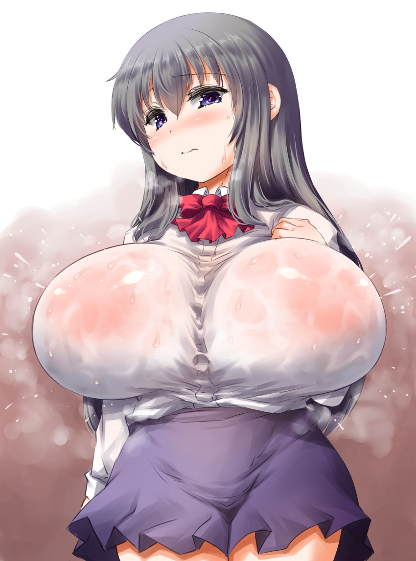 1girl absurdres black_hair blue_eyes blue_skirt blush bow breasts closed_mouth dot_nose embarrassed frown fujiyama_takashi head_tilt highres huge_breasts long_hair looking_at_viewer miniskirt no_bra original raised_eyebrows red_bow school_uniform shirt skirt solo wet wet_clothes wet_shirt white_shirt