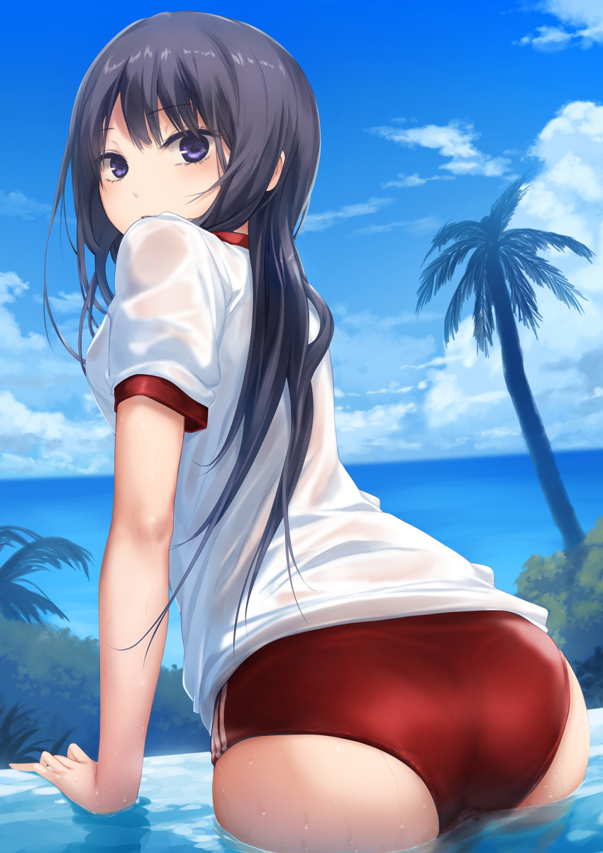 1girl ass black_hair blue_sky breasts buruma cloud coffee-kizoku commentary day from_behind gym_uniform highres long_bangs long_hair looking_at_viewer medium_breasts original outdoors palm_tree partially_submerged purple_eyes red_buruma shiramine_rika shirt short_sleeves sky solo tree water wet wet_clothes wet_shirt