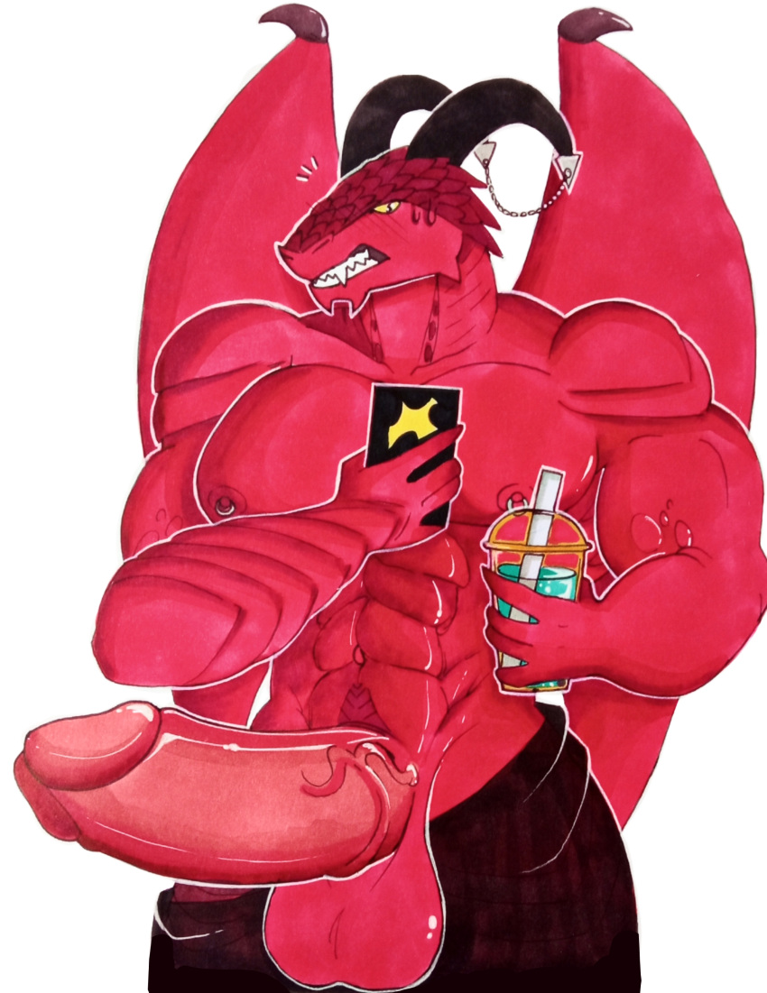 abs absurd_res anthro balls beverage biceps big_balls big_penis chest_tattoo clothed clothing dragon genitals hi_res horn huge_balls huge_penis hyper hyper_balls hyper_genitalia hyper_penis jewelry male nipple_piercing nipples pecs penis phone piercing pink_mallow red_body renildr scalie shocked_expression smoothie solo tattoo topless vein veiny_penis western_dragon wings