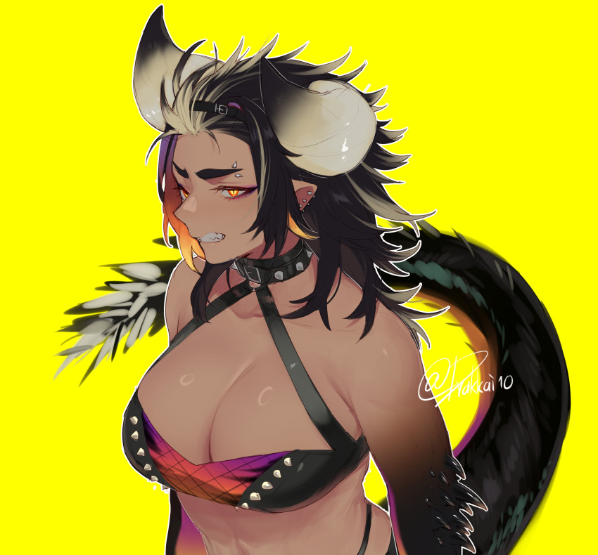 1girl absurdres breasts chigen_(drakkai10) choker cleavage clenched_teeth commentary dark-skinned_female dark_skin dragon_girl dragon_horns dragon_tail ear_piercing eyebrow_piercing fangs halterneck highres horns large_breasts monster_girl monster_hunter:_world monster_hunter_(series) multicolored_eyes multicolored_hair nergigante personification piercing pointy_ears sharp_teeth simple_background slit_pupils solo spiked_choker spikes streaked_hair tail teeth twitter_username two-tone_hair upper_body white_hair yellow_background yellow_eyes