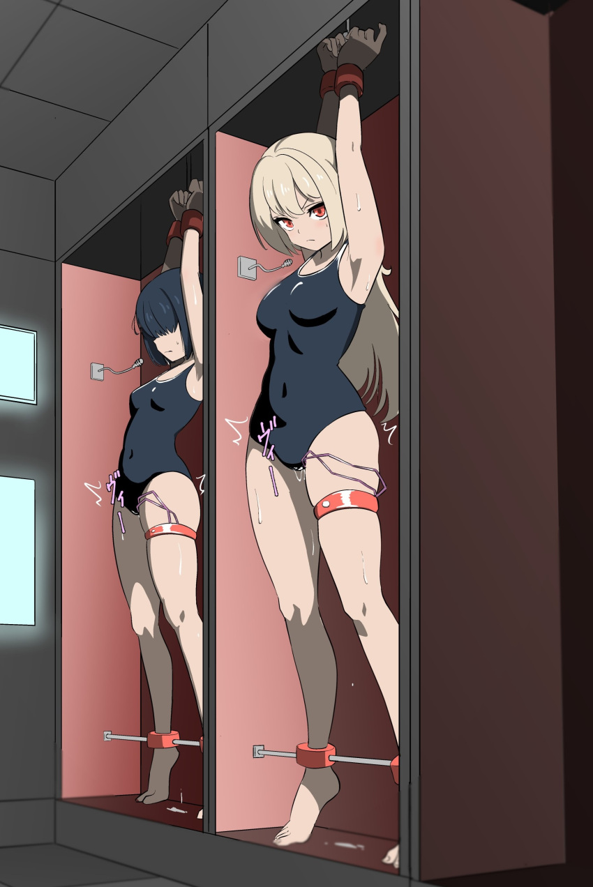 2girls absurdres armpits arms_up bdsm black_hair blonde_hair bondage bound bound_ankles bound_wrists breasts commentary_request full_body hair_over_eyes higemugura highres indoors long_hair looking_at_viewer multiple_girls one-piece_swimsuit original pussy_juice red_eyes restrained school_swimsuit sex_toy skindentation sound_effects stationary_restraints sweat swimsuit thighs tiptoes trembling vibrator vibrator_cord vibrator_in_thigh_strap vibrator_under_clothes window