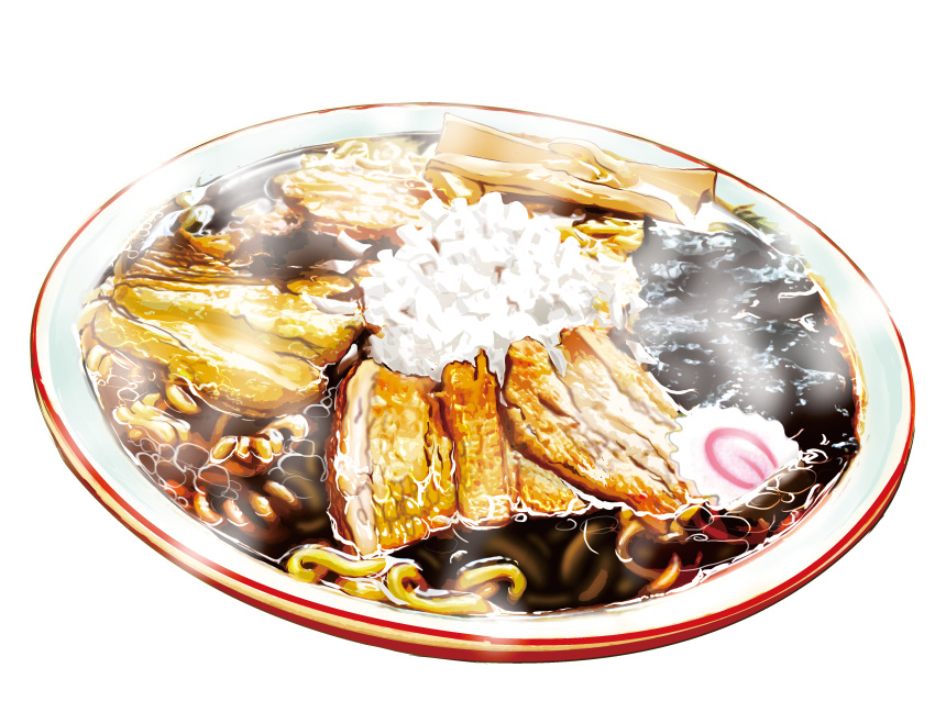 absurdres fd375575 food food_focus highres kamaboko narutomaki no_humans noodles original ramen rice simple_background steam still_life white_background