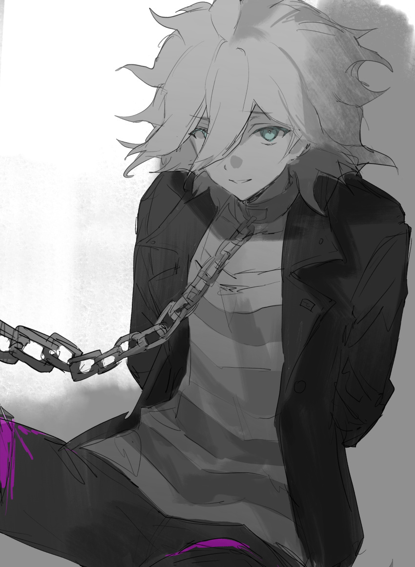 1boy absurdres arms_behind_back black_jacket blood chain collar collarbone danganronpa_(series) danganronpa_another_episode:_ultra_despair_girls grey_hair hair_between_eyes highres jacket komaeda_nagito looking_at_viewer male_focus medium_hair messy_hair metal_collar open_clothes open_jacket pants pink_blood servant_(danganronpa) shirt sitting smile striped striped_shirt teeth watanabe_kawa