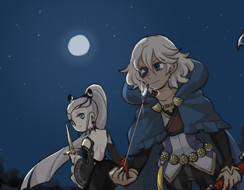 arrow_(projectile) back black_dress blue_eyes blue_hood bow_(weapon) dress eir_(fire_emblem) eyepatch fire_emblem fire_emblem_fates fire_emblem_heroes full_moon high_ponytail highres holding holding_arrow holding_bow_(weapon) holding_knife holding_weapon knife moon night night_sky niles_(fire_emblem) sky weapon white_hair yomico_2gou