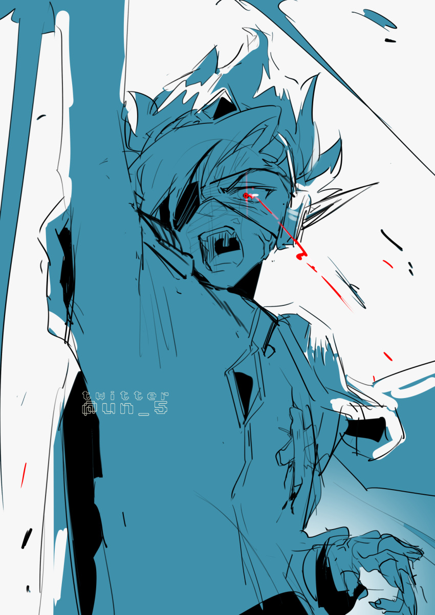 1boy anger_vein arm_up artist_name cape captain_spaceboy eyepatch glowing glowing_eye highres limited_palette looking_at_viewer male_focus omori open_mouth pointy_ears red_eyes shouting simple_background sketch solo spot_color tendosora twitter_username upper_body white_background