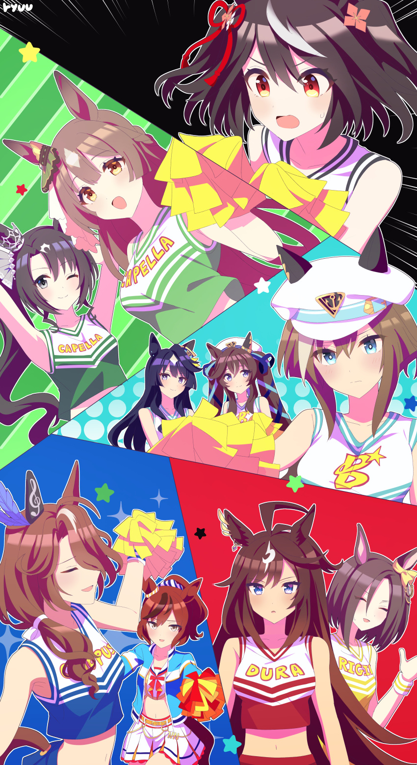 6+girls absurdres ahoge air_groove_(umamusume) alternate_costume armpits black_hair breasts brown_hair cheerleader cheval_grand_(umamusume) closed_eyes closed_mouth commentary_request duramente_(umamusume) hair_ornament highres horse_girl kitasan_black_(racehorse) kitasan_black_(umamusume) long_hair medium_breasts multiple_girls nice_nature_(racehorse) nice_nature_(umamusume) one_eye_closed pom_pom_(cheerleading) red_eyes ryuu_(ryuraconis) satono_crown_(umamusume) satono_diamond_(umamusume) sounds_of_earth_(umamusume) twintails umamusume