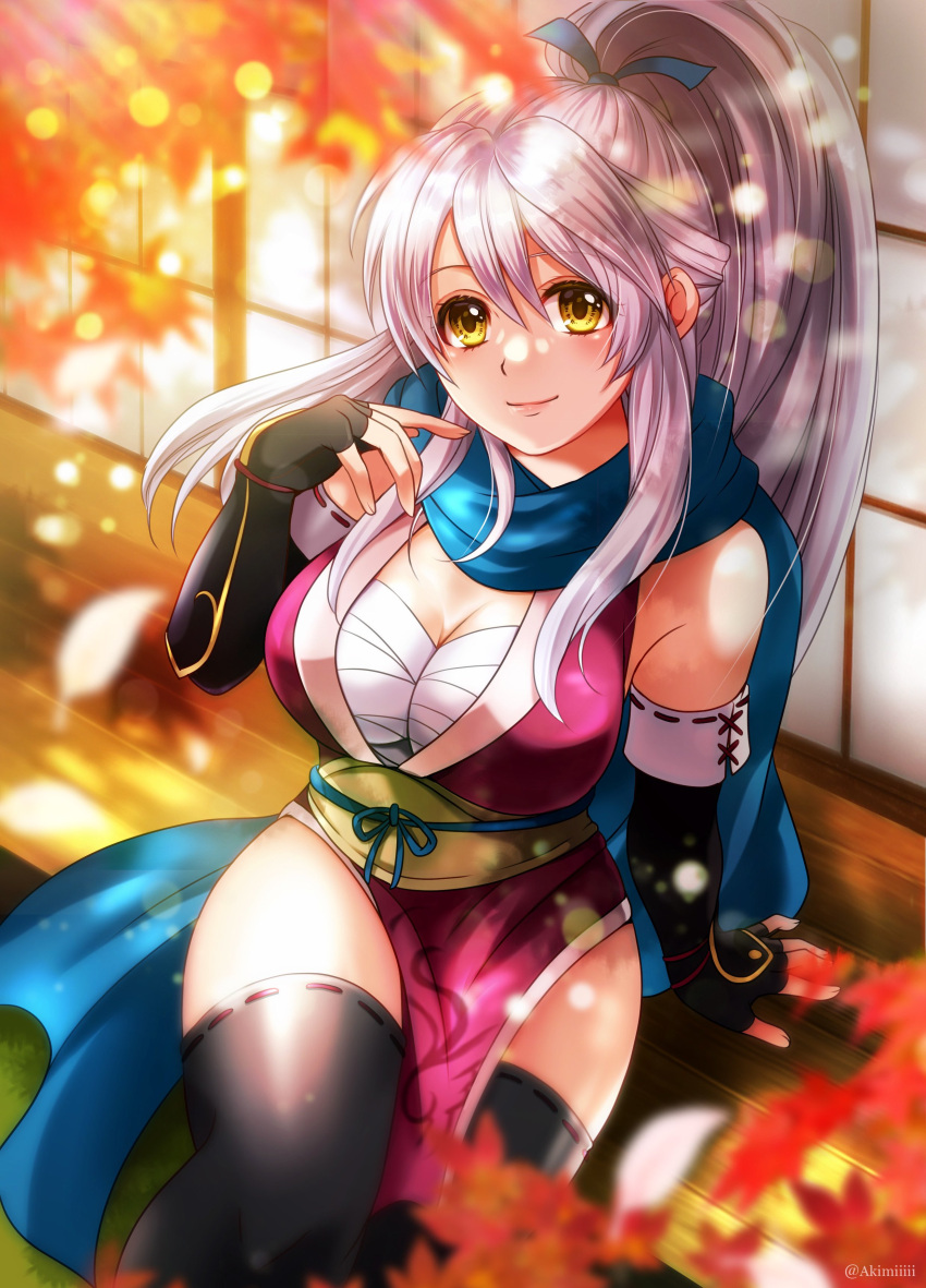 1girl absurdres akimiiiii black_gloves black_thighhighs blue_scarf breasts chest_sarashi cleavage fingerless_gloves fire_emblem fire_emblem:_radiant_dawn fire_emblem_heroes gloves highres japanese_clothes long_hair looking_at_viewer medium_breasts micaiah_(fire_emblem) micaiah_(ninja)_(fire_emblem) official_alternate_costume official_alternate_hairstyle ponytail sarashi scarf sitting smile solo thighhighs thighs white_hair yellow_eyes