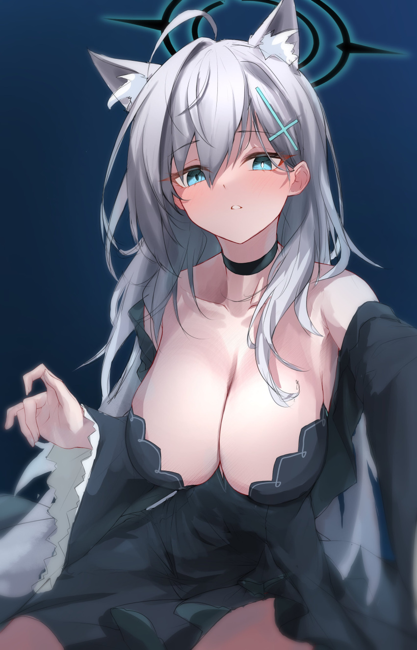 1girl absurdres ahoge animal_ear_fluff animal_ears armpit_peek bare_shoulders black_choker black_dress black_jacket blue_archive blue_eyes breasts choker cleavage collarbone cropped_jacket dress extra_ears grey_hair hair_ornament halo highres jacket large_breasts long_hair long_sleeves looking_at_viewer mismatched_pupils no_bra off_shoulder open_mouth rei_(9086) shiroko_(blue_archive) shiroko_(terror)_(blue_archive) solo strapless strapless_dress very_long_hair wide_sleeves wolf_ears