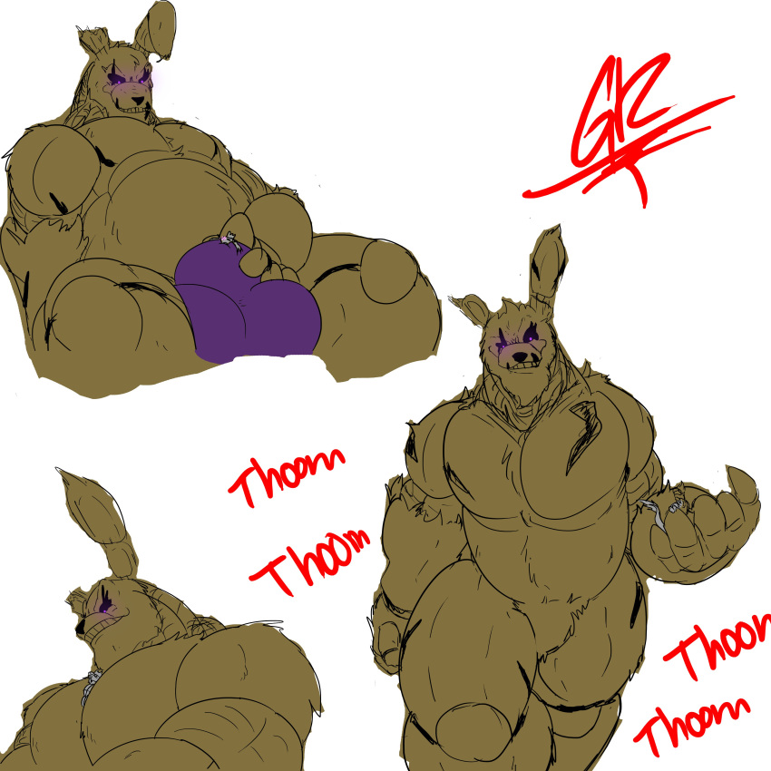 2023 absurd_res animatronic anthro balls_outline barazoku between_pecs biceps big_bulge blush bulge carrying_another carrying_partner clothed clothing digital_media_(artwork) dragon duo extreme_size_difference featureless_crotch five_nights_at_freddy's five_nights_at_freddy's_3 fur genital_outline green_body green_fur grilder123 grilder_(character) hi_res lagomorph leporid machine male male/male mammal micro muscular muscular_anthro muscular_male muscular_thighs onomatopoeia pecs purple_eyes quads rabbit robot scottgames size_difference sketch smile sound_effects springtrap_(fnaf) teeth text thick_thighs underwear underwear_only walking