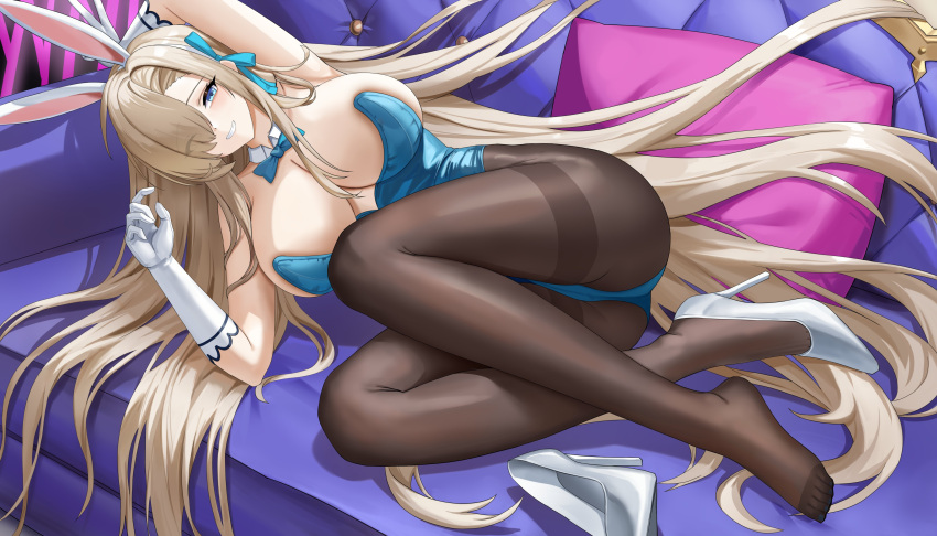 1girl absurdres animal_ears armpits asuna_(blue_archive) asuna_(bunny)_(blue_archive) black_pantyhose blonde_hair blue_archive blue_bow blue_bowtie blue_eyes blue_leotard blue_ribbon bow bowtie breasts commentary_request couch detached_collar elbow_gloves eyes_visible_through_hair fake_animal_ears full_body gloves hair_ornament hair_over_one_eye hair_ribbon high_heels highres large_breasts leotard long_hair lying on_side otakueden1995 pantyhose parted_lips pillow rabbit_ears ribbon sideboob silver_footwear smile teeth thighband_pantyhose thighs white_gloves