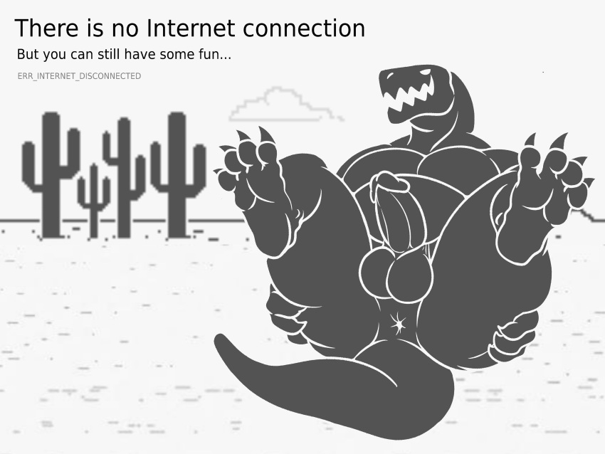 2023 absurd_res anthro anus balls belly big_balls big_muscles big_penis butt butt_squish cactus claws cloud dinosaur dinosaur_(google_chrome) english_text erection feet genitals google google_chrome grey_background hand_on_butt hi_res humanoid_genitalia humanoid_penis inviting legs_up looking_at_viewer lying male musclegut muscular muscular_anthro muscular_male non-mammal_balls nude on_back open_mouth open_smile pecs penis plant posstype presenting presenting_anus reptile scalie seductive simple_background smile soles solo spread_butt spreading squish text thick_thighs