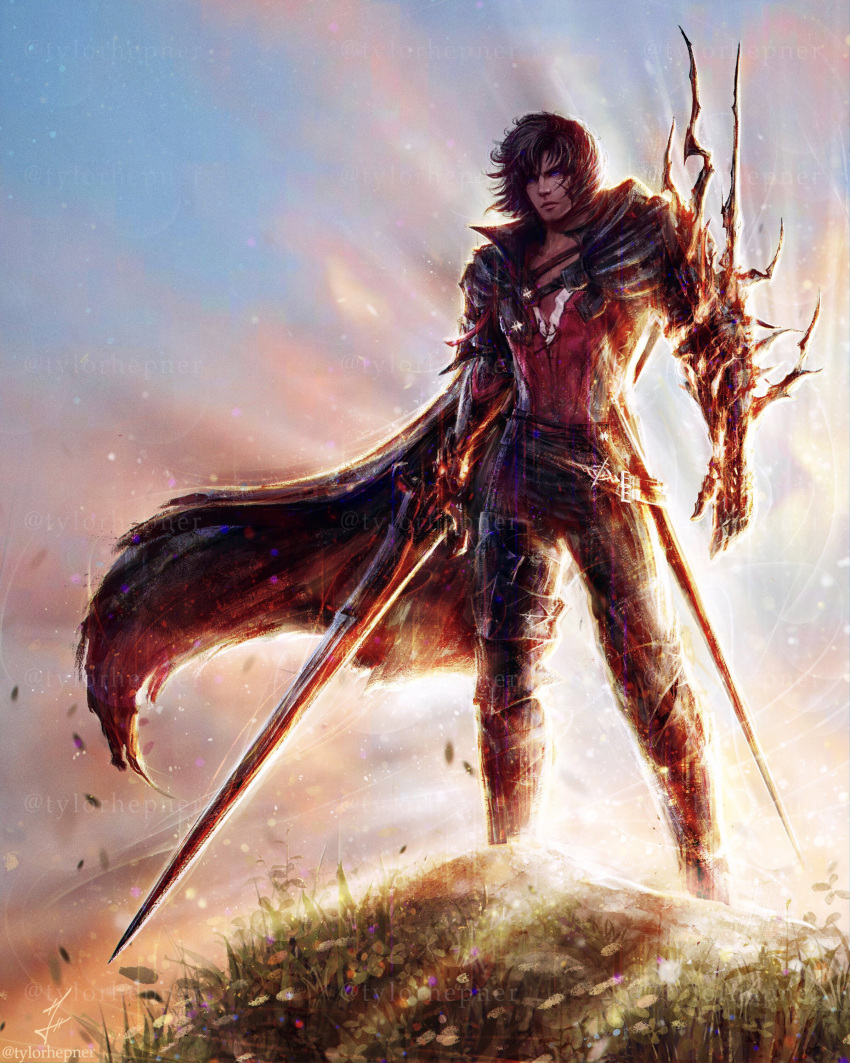 1boy absurdres black_cape black_hair black_pants blue_sky cape clive_rosfield closed_mouth commentary day embers english_commentary facial_tattoo final_fantasy final_fantasy_xvi fire full_body gauntlets grass highres holding holding_sword holding_weapon leg_armor light_particles male_focus messy_hair outdoors pants realistic red_vest shirt short_hair signature sky solo standing sunlight sword tattoo tylor_hepner v-neck vest weapon white_shirt