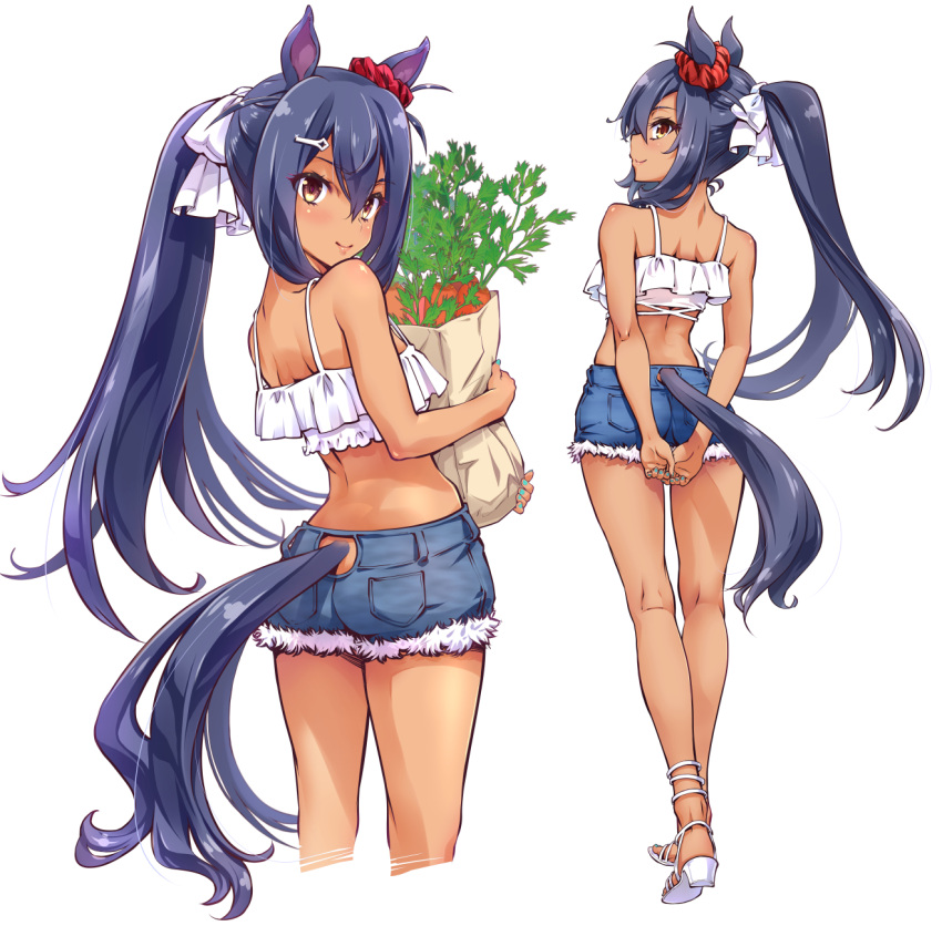 1girl alternate_costume alternate_hairstyle animal_ears arms_behind_back bag bare_shoulders black_hair breasts brown_bag carrot closed_mouth commentary_request denim denim_shorts ear_ornament food frills full_body hair_between_eyes hair_ornament hairclip highres hishi_amazon_(umamusume) holding holding_bag horse_ears horse_girl horse_tail long_hair looking_back medium_breasts paper_bag ponytail red_eyes sandals shorts solo suzuki24 tail tail_through_clothes tank_top umamusume very_long_hair white_footwear white_tank_top