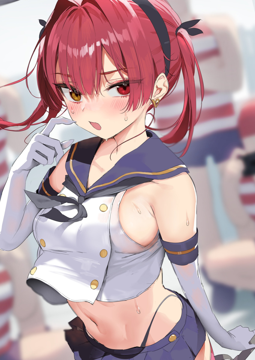 1girl absurdres bare_shoulders black_neckerchief black_panties black_ribbon blue_sash blue_skirt blush breasts cosplay crop_top cropped_shirt earrings elbow_gloves gloves hair_between_eyes hair_ribbon heart heart_earrings heterochromia high-waist_panties highleg highleg_panties highres hololive houshou_marine jewelry kantai_collection large_breasts long_hair looking_at_viewer miniskirt navel neckerchief open_mouth panties pleated_skirt pomesaurus red_eyes red_hair ribbon sash shimakaze_(kancolle) shimakaze_(kancolle)_(cosplay) shirt skirt solo striped sweat twintails underwear virtual_youtuber white_gloves white_shirt yellow_eyes
