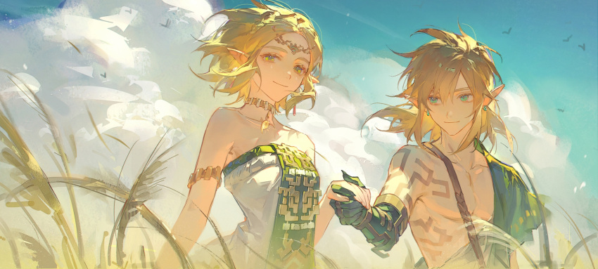 1boy 1girl archaic_set_(zelda) arm_tattoo armlet bare_shoulders blonde_hair blue_eyes blue_sky body_markings braid chinese_commentary choker circlet closed_mouth cloud cloudy_sky collarbone commentary_request crown_braid day dress earrings eyelashes floating_hair gold_choker green_eyes hair_between_eyes hand_up highres holding_hands jewelry link long_hair looking_at_another looking_at_viewer multicolored_clothes multicolored_dress outdoors parted_bangs pendant_choker plant pointy_ears princess_zelda renjian_shilian short_hair sidelocks single_bare_shoulder sky smile strapless strapless_dress tattoo the_legend_of_zelda the_legend_of_zelda:_tears_of_the_kingdom tunic wheat_field white_dress