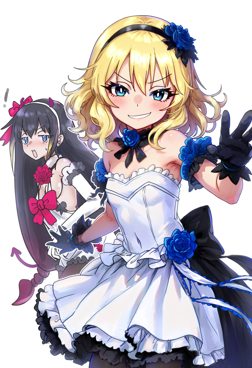 ! 2girls absurdres alternate_costume arm_garter bare_shoulders black_gloves black_hair black_hairband blonde_hair blue_eyes blue_flower blue_rose breasts bright_pupils child covered_navel detached_collar dress dress_flower ebora female_child flower front_bow gloves gradient_hair grin hair_between_eyes hair_flower hair_ornament hairband highres layered_dress leivinia_birdway lessar long_hair looking_at_another looking_at_viewer mechanical_tail medium_breasts medium_hair multicolored_hair multiple_girls neck_flower pink_flower pink_rose rose shiny_skin sideboob small_breasts smile strapless strapless_dress sweatdrop tail toaru_majutsu_no_index very_long_hair white_background white_dress white_hairband white_pupils