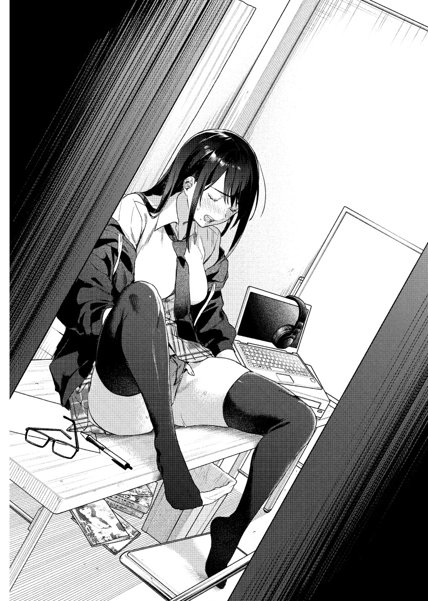 1girl absurdres black_hair black_thighhighs blush breasts closed_eyes computer dutch_angle eyewear_removed female_masturbation fingering greyscale hair_between_eyes hajirau_kimi_ga_mitainda headphones headphones_removed highres honjou_kaho laptop large_breasts loose_necktie masturbation mole mole_under_mouth monochrome necktie panties pen school_uniform solo table thighhighs uma_raclette underwear