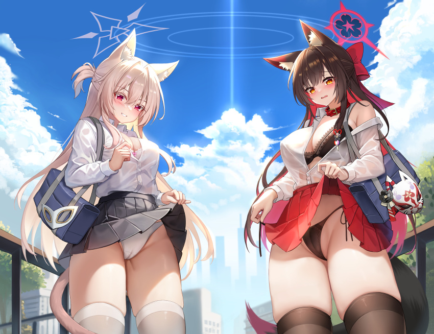 2girls absurdres akira_(blue_archive) animal_collar animal_ear_fluff animal_ears bag black_bra black_hair black_panties black_skirt black_thighhighs blue_archive blush bra breasts buttons cameltoe cat_ears cat_tail cleavage clothes_lift cloud cloudy_sky collar collared_shirt colored_inner_hair cowboy_shot day fox_ears fox_tail grey_halo grin hair_between_eyes halo highres large_breasts lifted_by_self long_hair long_sleeves multicolored_hair multiple_girls open_mouth outdoors panties pleated_skirt red_eyes red_hair red_halo red_skirt school_bag shirt skirt skirt_lift sky smile tail thighhighs tun_chicken underwear wakamo_(blue_archive) white_bra white_hair white_panties white_shirt white_thighhighs yellow_eyes