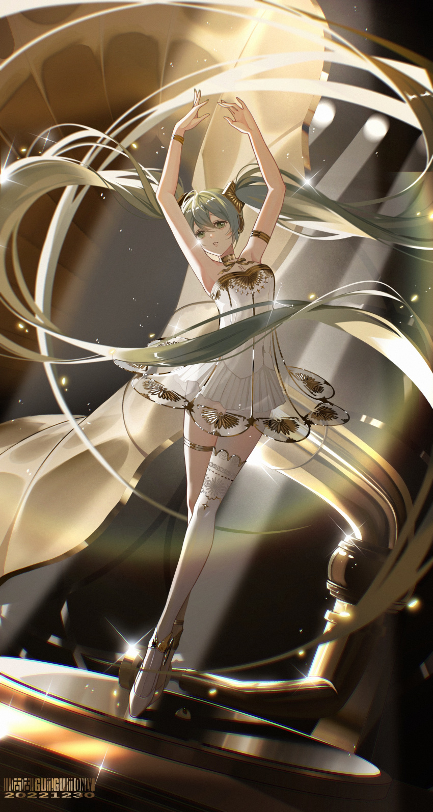 absurdres anklet aqua_eyes aqua_hair armlet arms_up ballerina ballet ballet_slippers dress gramophone_miku hatsune_miku highres jewelry long_hair looking_at_viewer miku_symphony_(vocaloid) phonograph see-through see-through_dress see-through_skirt_layer sleeveless sleeveless_dress standing strapless strapless_dress thighhighs twintails very_long_hair vocaloid white_dress white_thighhighs xianyu_guguzi