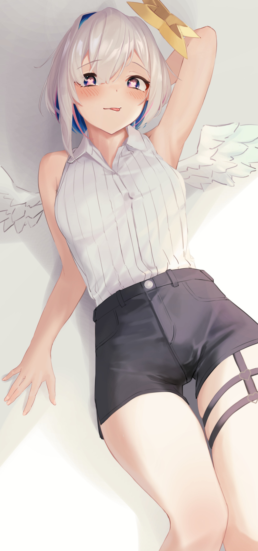 1girl absurdres amane_kanata black_shorts blush breasts colored_inner_hair feathered_wings feet_out_of_frame grey_hair halo highres hololive long_hair looking_at_viewer medium_breasts multicolored_hair open_collar shirt short_shorts shorts sleeveless sleeveless_shirt smallpine_7 smile solo striped striped_shirt tongue tongue_out two-tone_hair vertical-striped_shirt vertical_stripes virtual_youtuber white_shirt white_wings wings