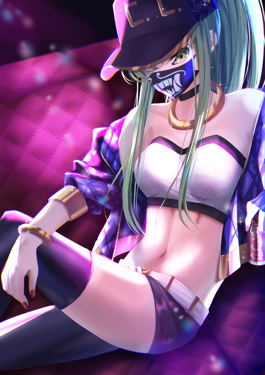 1girl absurdres akali akali_(cosplay) asymmetrical_legwear bare_shoulders baseball_cap belt black_choker budgiepon c.c. can character_name choker code_geass cosplay couch crop_top cropped_jacket glint gold gold_bracelet green_hair hat highres holding holding_can jacket jewelry k/da_(league_of_legends) k/da_akali league_of_legends long_hair looking_at_viewer mask mouth_mask navel neck_ring off_shoulder paint_can ponytail print_mask purple_jacket purple_nails sidelocks single_thighhigh sitting solo stomach thighhighs white_belt