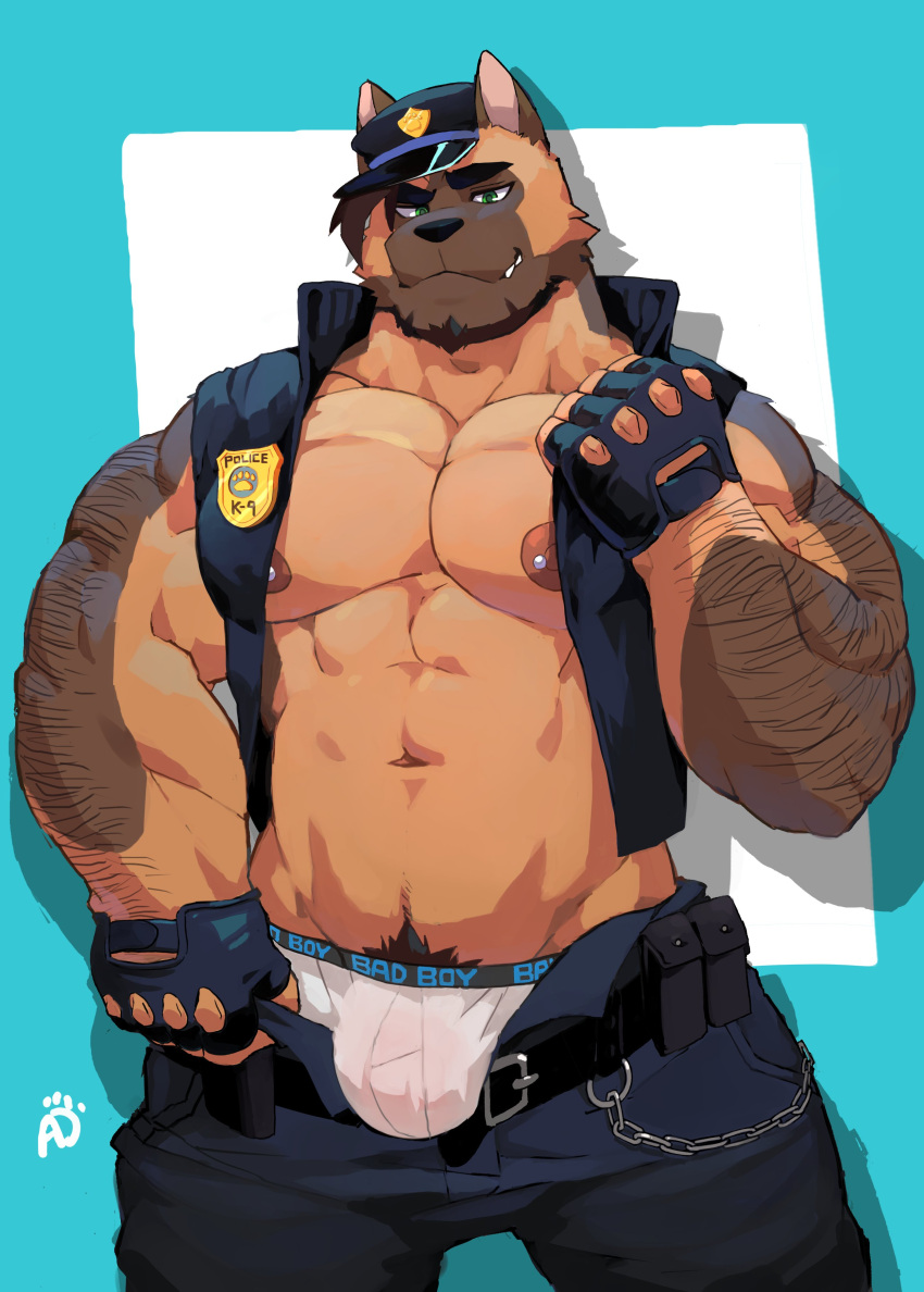 2021 abs absurd_res anthro ashendawger beard belt blake_(ashendawger) blue_background bottomwear bulge canid canine canis chain clothed clothing domestic_dog facial_hair fingerless_gloves flirting_look german_shepherd gloves handwear herding_dog hi_res male mammal muscular muscular_anthro muscular_male navel nipple_piercing nipples open_bottomwear open_clothing open_pants pants pastoral_dog pecs piercing police police_badge police_hat simple_background solo topwear underwear vest watermark