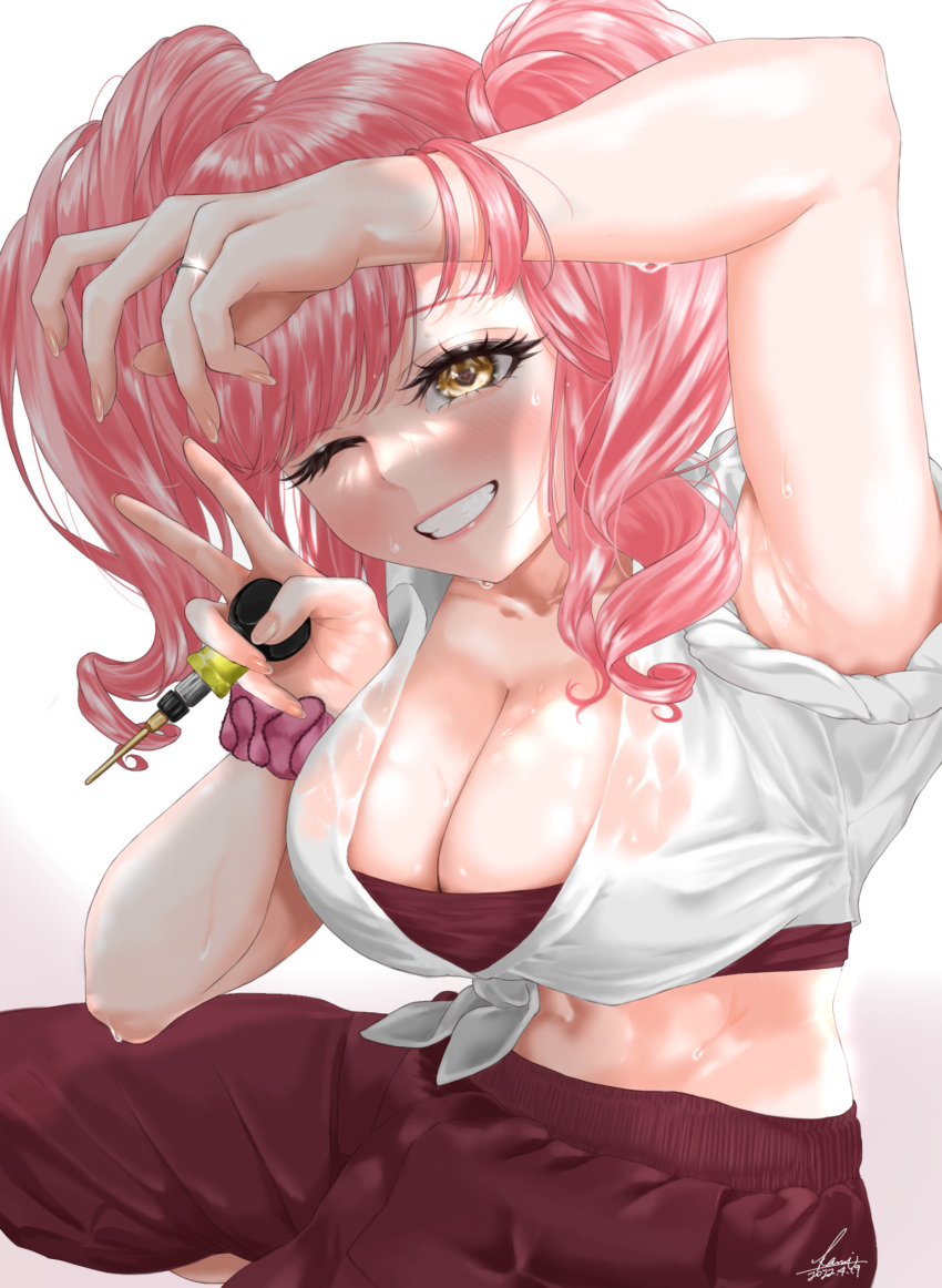 1girl armpits blush breasts brown_eyes cleavage collarbone dated eyebrows_hidden_by_hair highres holding jewelry large_breasts looking_at_viewer macross macross_delta makina_nakajima midriff navel one_eye_closed red_shorts red_tube_top ring shirt shorts signature sitting smile solo strapless suk0922a sweat tied_shirt tube_top twintails v wet wet_clothes wet_shirt white_shirt