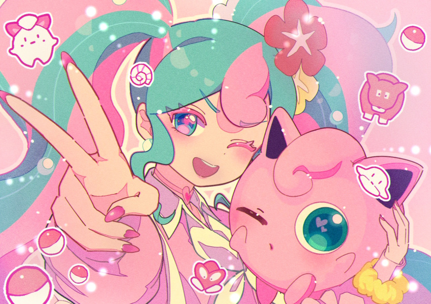 1girl ;d collared_shirt colored_eyelashes commentary_request eyelashes fairy_miku_(project_voltage) flower green_hair hair_flower hair_ornament hatsune_miku highres holding holding_pokemon jigglypuff multicolored_hair nail_polish one_eye_closed open_mouth osaki_makura pink_nails pink_sweater pokemon pokemon_(creature) project_voltage red_flower shirt smile sweater twintails v vocaloid white_shirt