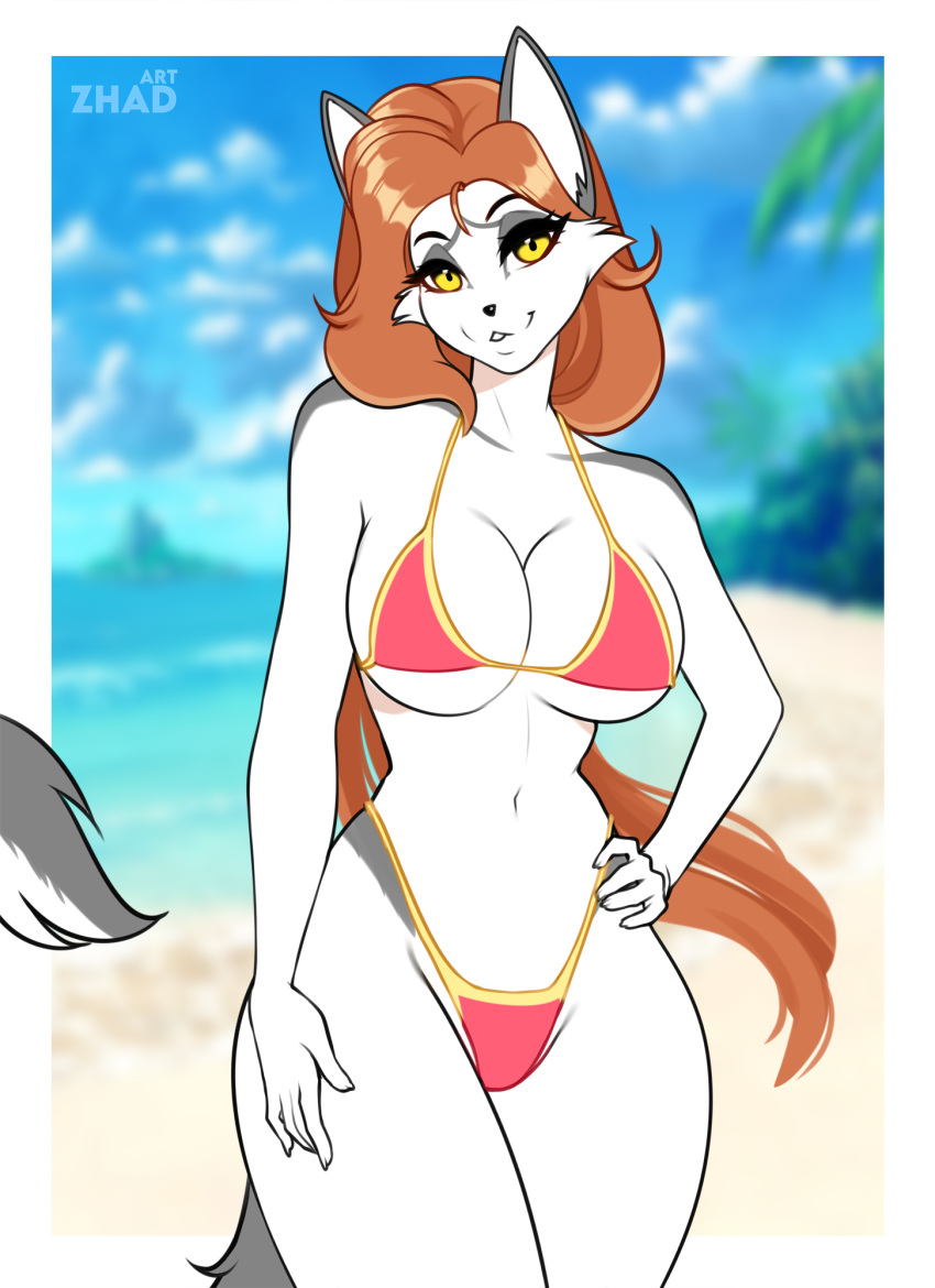 anthro beach big_breasts breasts canid canine clothed clothing digital_media_(artwork) female fox fur hair hi_res legwear looking_at_viewer mammal pinup pose red_hair sea seaside simple_background slim smile solo summer swimwear thick_thighs thigh_highs vivi water wide_hips zhadart