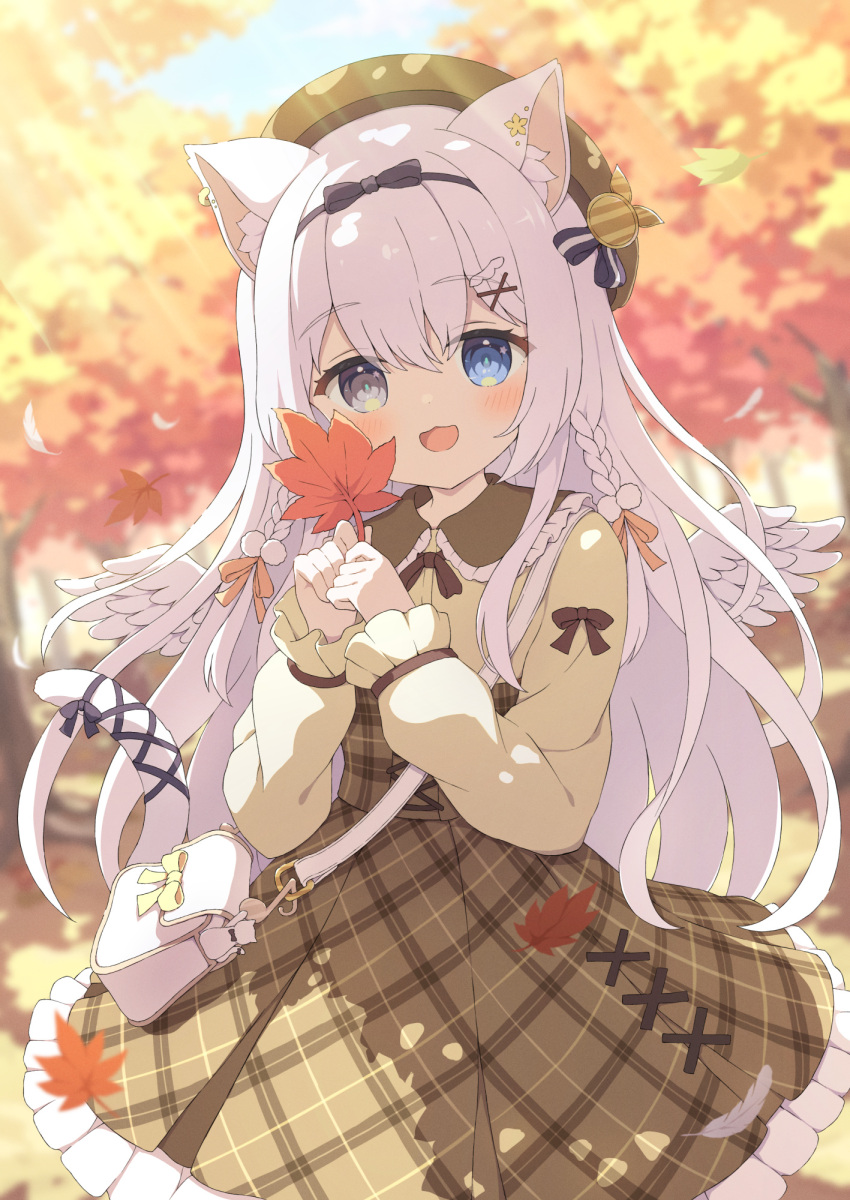 1girl angel_wings animal_ear_fluff animal_ears autumn bag blue_eyes blurry blush bow braid cat_ears cat_girl cat_tail checkered_clothes checkered_dress collar commission depth_of_field dress forest frills grey_eyes hair_bow hair_ornament hairclip heterochromia highres holding holding_leaf leaf light_rays long_hair long_sleeves looking_at_viewer nature open_mouth original outdoors pinafore_dress ribbon skeb_commission sleeveless sleeveless_dress solo sunbeam sunlight tail tail_bow tail_ornament tail_ribbon twin_braids tyakomes white_hair wings