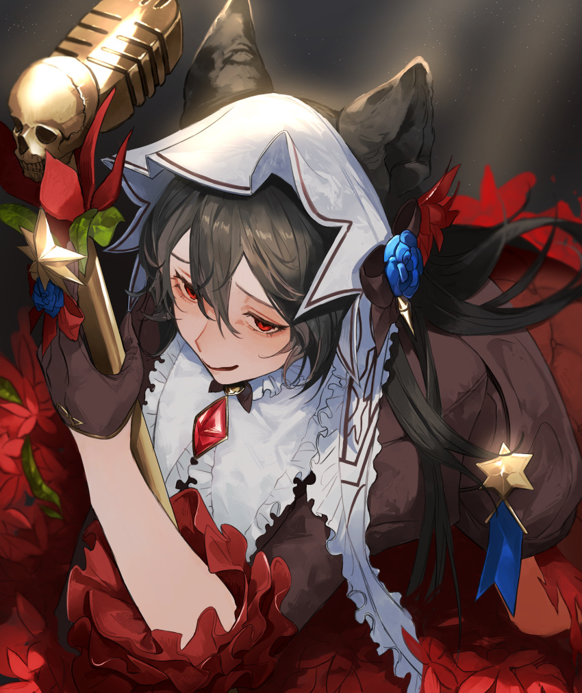 1girl absurdres black_bow black_dress black_gloves black_hair bow dress erune eyelashes from_above gloves granblue_fantasy hair_between_eyes highres holding holding_microphone_stand light_particles light_rays long_hair long_sleeves medal microphone_stand nier_(granblue_fantasy) red_eyes solo wavy_mouth white_headdress zuraa_(naunau_seijin)